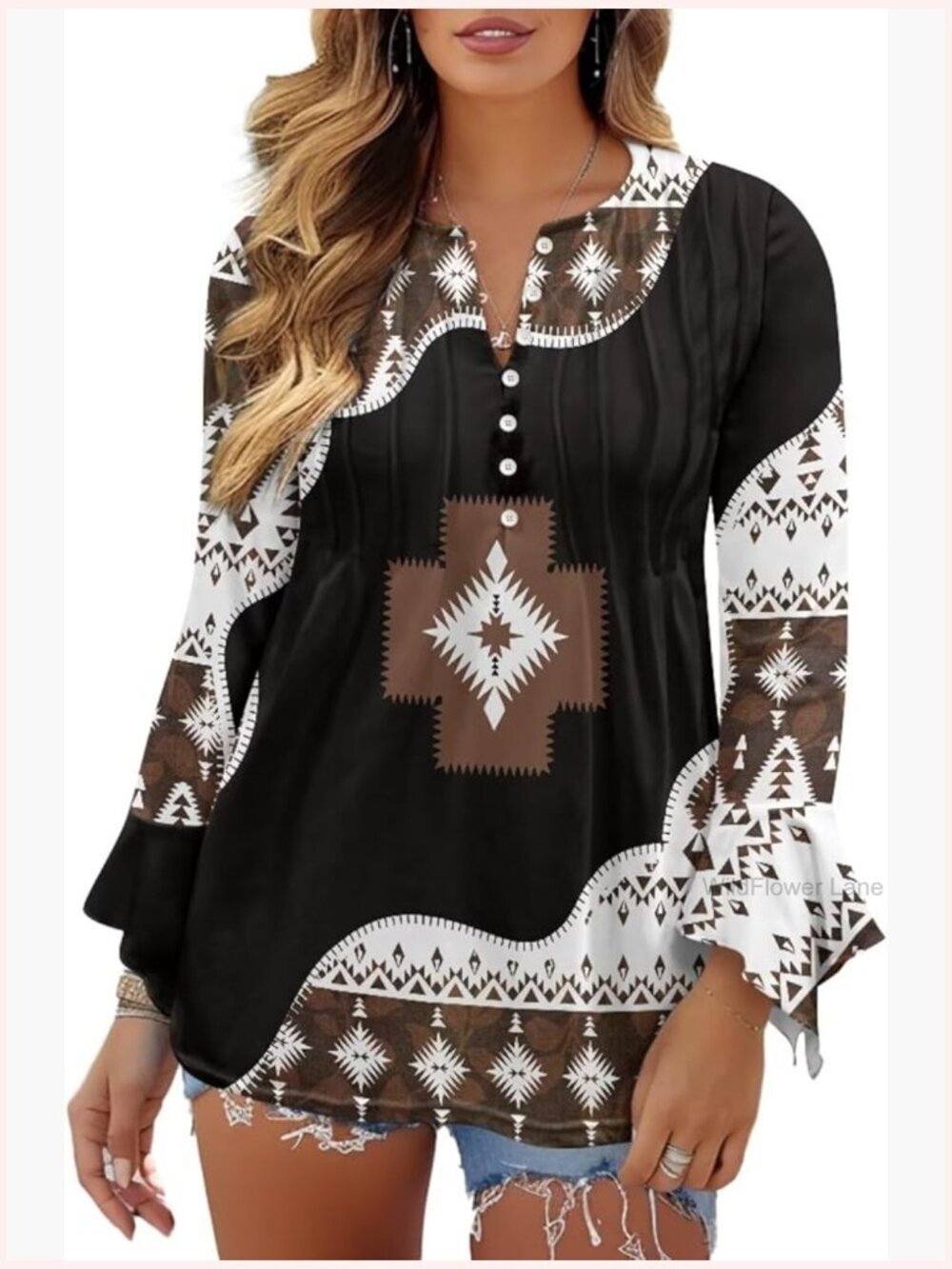 Tribal Boho Bell Sleeve Tunic Button Down Blouse